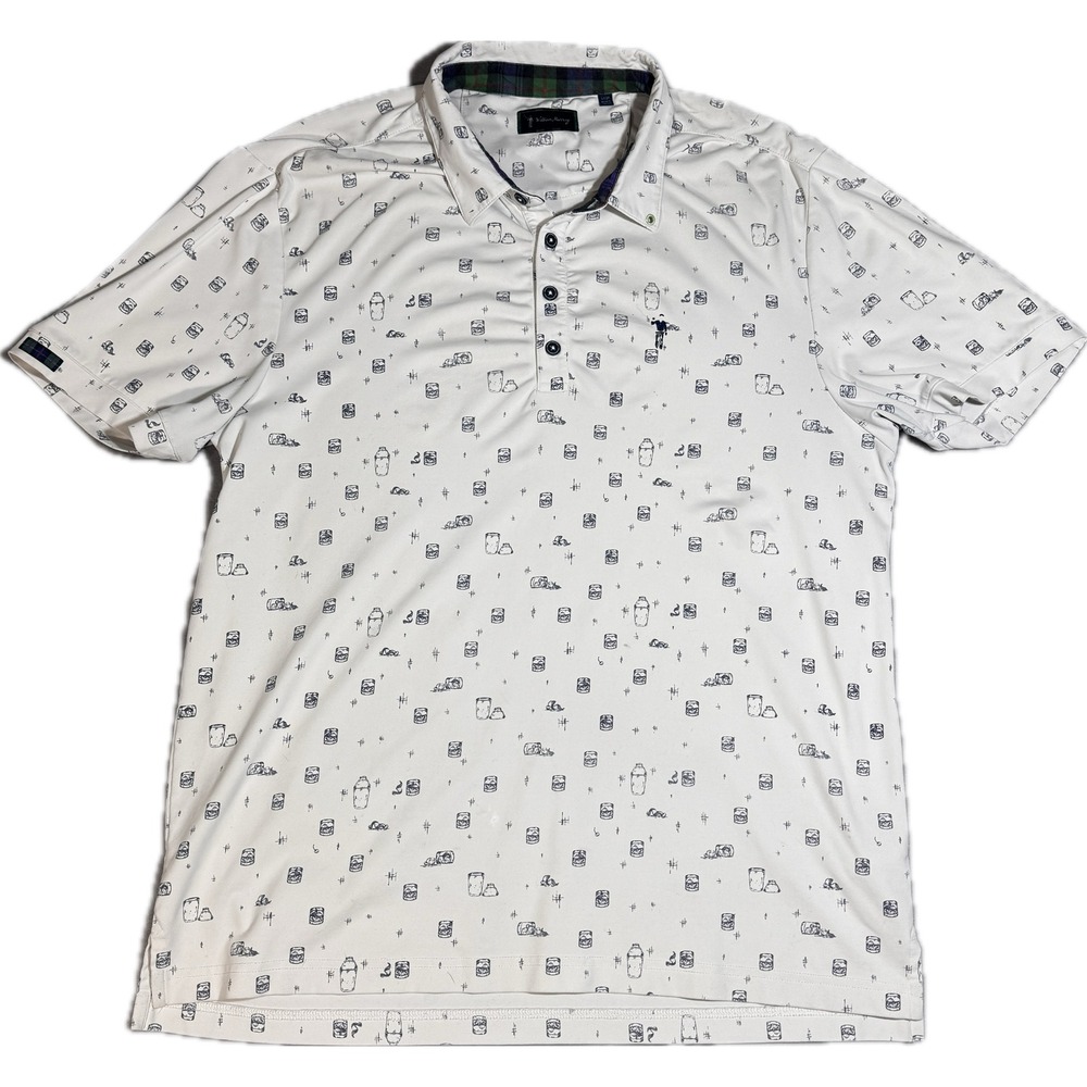 William Murray Golf Polo Mens Large‎ White Whiskey Cocktail Print Performance